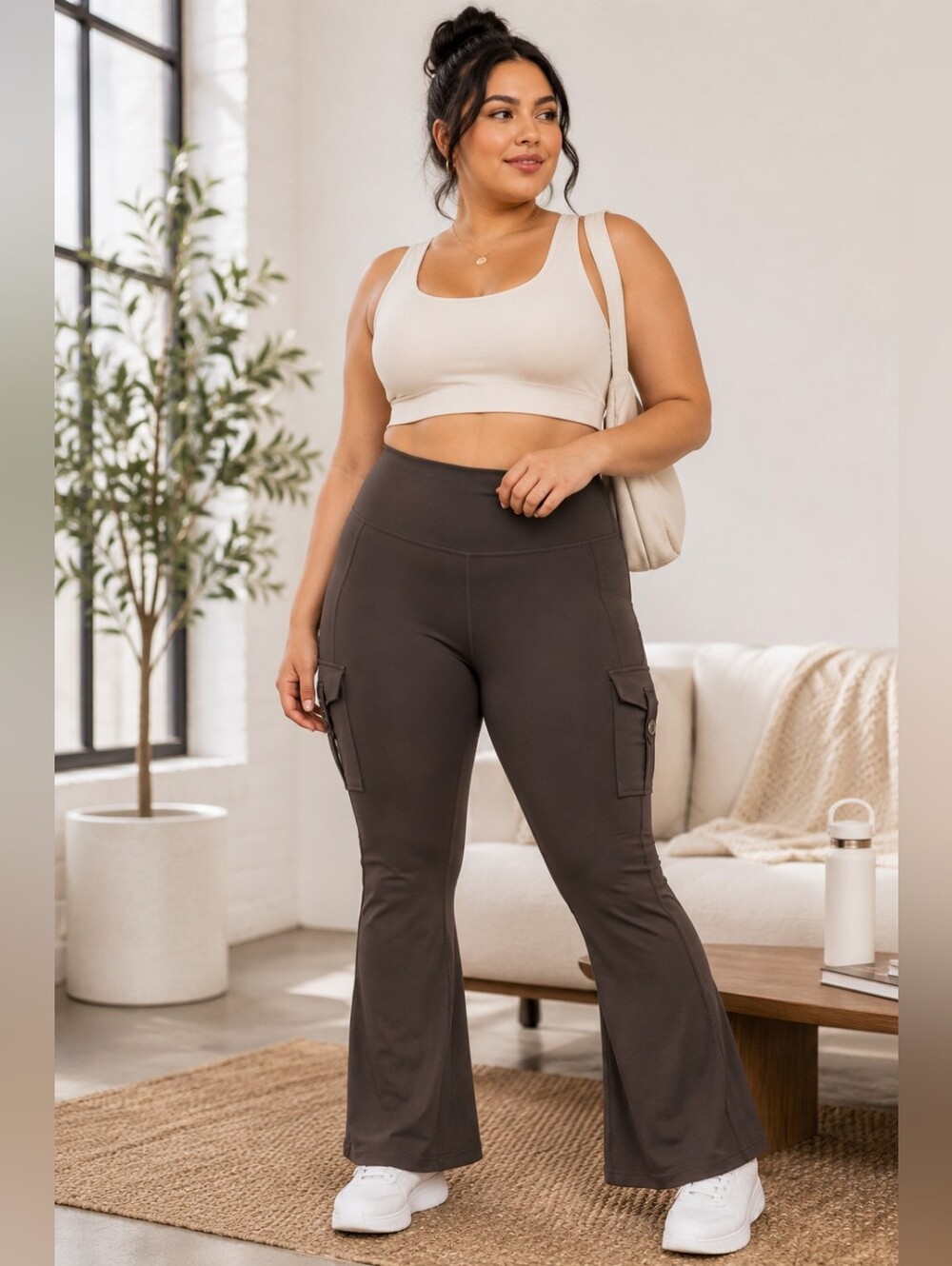 YEoreo Plus Size Cargo Flare Leggings XXL Brown High Waist Butt Scrunch Pockets